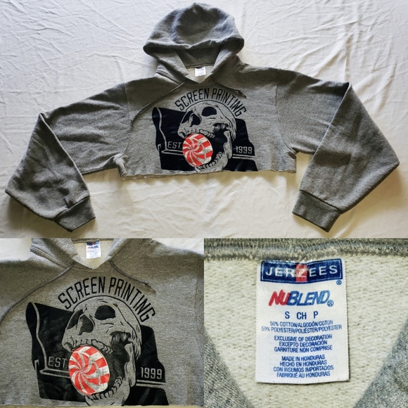 Jerzees Sweaters - ‼SOLD‼ VTG Screen Printing Skull Cropped Hoodie